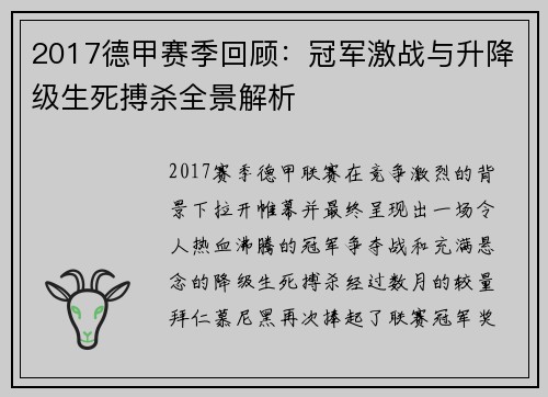 2017德甲赛季回顾：冠军激战与升降级生死搏杀全景解析